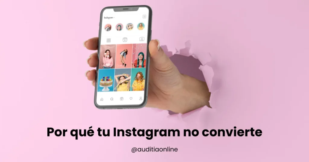 Mano sosteniendo un celular con perfil de Instagram, concepto de baja conversión